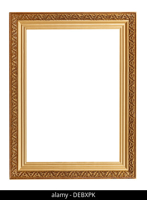 wide golden picture frame with carved pattern isolated on white background Stock Photo