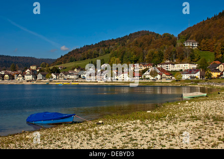 Blue boat on the shore of Lac de Joux or Lake Joux, Le Pont, Canton of Vaud, Switzerland Stock Photo