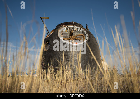 The Soyuz TMA-08M spacecraft after landing with Expedition 36 crew in a remote area September 11, 2013 near the town of Zhezkazgan, Kazakhstan. Vinogradov, Misurkin and Cassidy returned to Earth after five and a half months on the International Space Station. Stock Photo