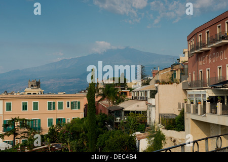 A view toward Mt. Etna from Piazza IX Aprile in Taormina, Sicily, Italy Stock Photo