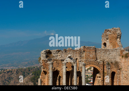 A view of the Greek Theatre and Mt. Etna in Taormina, Sicily, Italy Stock Photo