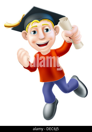 Cartoon man with certificate, qualification or other scroll jumping for joy with fist clenched. Stock Photo