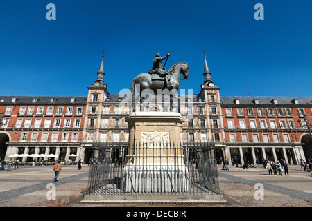 Madrid, Spain, Plaza Mayor, with its equestrian statue Phillipps III . Stock Photo