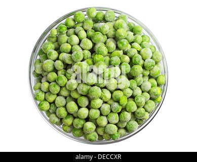 Green frozen peas in a glass bowl isolated on white. Top view Stock Photo