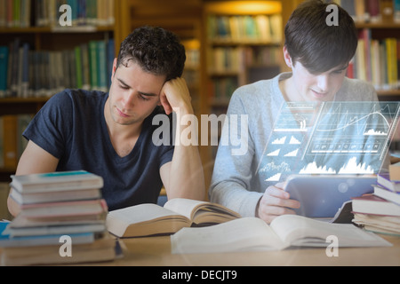 Focused students working together with futuristic interface Stock Photo