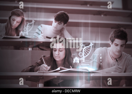 Students using futuristic hologram to learn about science from tablet pcs Stock Photo