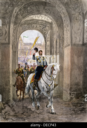 Czar Nicholas II entering the Kremlin gate for his coronation, 1896. Hand-colored woodcut Stock Photo