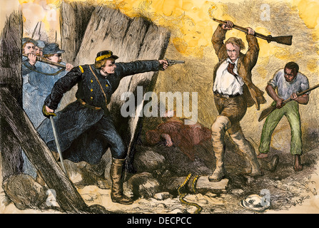 Capture of John Brown in his barricade in Harper's Ferry, West Virginia, 1859. Hand-colored woodcut Stock Photo