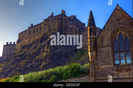View of Edinburgh castle from low in the Grassmarket, at sunset