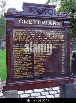 Greyfriars Kirkyard entrance list of important Scotsmen & citizens, Grey Friars, Edinburgh Capital City, Scotland UK, EH1 2QE Stock Photo