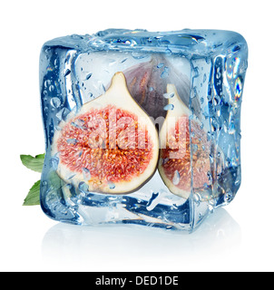 Sliced figs in ice cube isolated on a white background Stock Photo