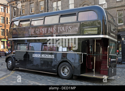 The black London Necrobus, haunted ghost bus tours, in Edinburgh old town, Scotland, UK, EH1 Stock Photo