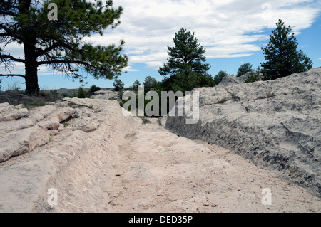 Oregon Trail ruts near Guernsey, WY, a National Historic Monument. The ruts mark the passage of countless pioneers and settlers. Stock Photo