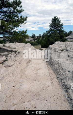 Oregon Trail ruts near Guernsey, WY, a National Historic Monument. The ruts mark the passage of countless pioneers and settlers. Stock Photo