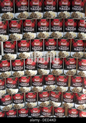 Tins of Scottish Food Grants Premium Haggis , stacked up Stock Photo
