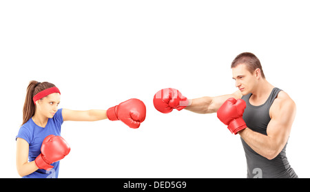 Female and male boxers with boxing gloves during a match Stock Photo