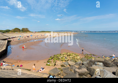 Sandy beach at Dawlish Warren Devon with holidaymakers and sunny weather blue sky summer day Stock Photo