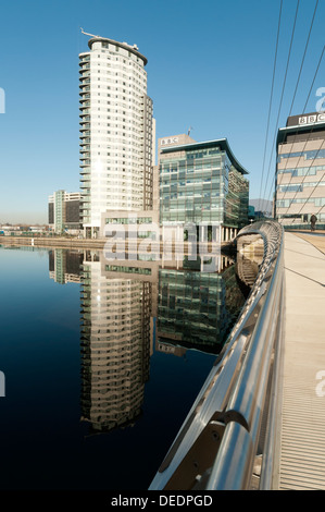 The Heart apartment block reflected in the Manchester Ship Canal, Salford Quays, Manchester, England, UK Stock Photo