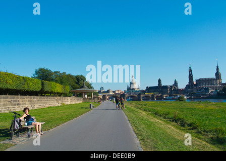 Riverside promenade in front of Palaisgarten park Neustadt the new town Dresden city Saxony state eastern Germany central Europe Stock Photo