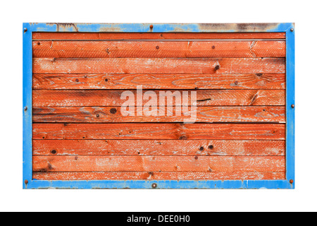 Red wooden boards in blue metal frame isolated on white Stock Photo