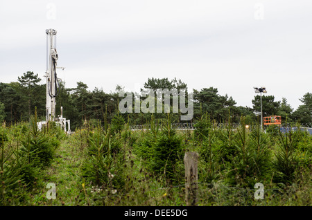 Cuadrilla's experimental drilling rig for shale gas fracking during a Summer of anti-fracking protests, Balcombe, England, UK Stock Photo