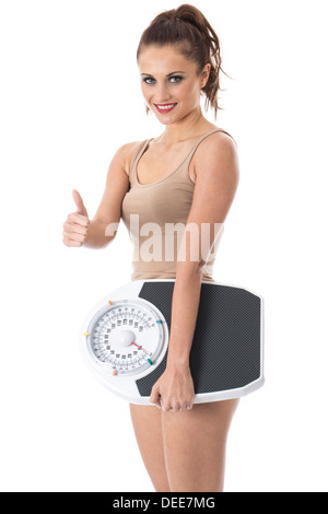 Confident Positive Young Woman, Checking Her Weight On Bathroom Scales, Wearing Vest Top, Isolated Against White Background Stock Photo