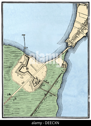 British fortifications on Boston Neck, 1775-1776. Hand-colored woodcut Stock Photo