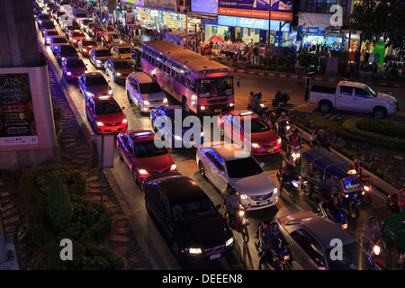 Traffic jam in Siam Square at night. Bangkok. Thailand. Stock Photo