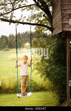 Boy (6-7) on tree swing, France. Stock Photo