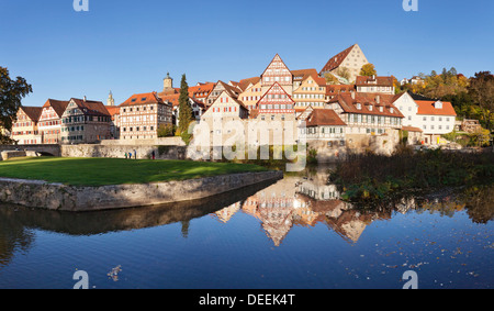 Half-timbered houses on the banks of the Kocher River, Schwaebisch Hall, Hohenlohe, Baden Wurttemberg, Germany, Europe Stock Photo