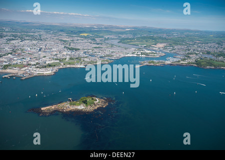 Plymouth with Drakes Island in foreground, Devon, England, United Kingdom, Europe Stock Photo