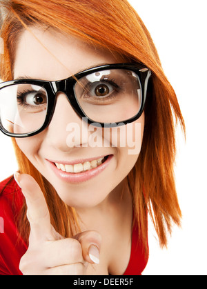 woman in glasses with finger up Stock Photo