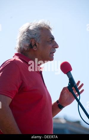 Taraq Ali speaking in Trafalgar Square at  'Don't Attack Syria' demonstration September 2013 Stock Photo