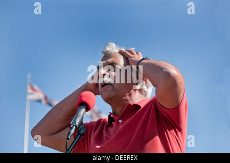 Taraq Ali speaking in Trafalgar Square at  'Don't Attack Syria' demonstration September 2013 Stock Photo