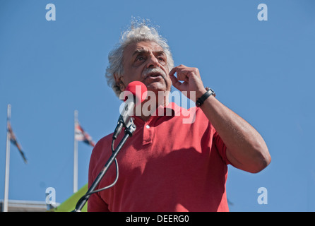 Taraq Ali speaking in Trafalgar Square at  'Don't Attack Syria' demonstration September 2013 Stock Photo