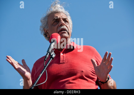 Taraq Ali speaking in Trafalgar Square at  'Don't Attack Syria' demonstration September 2013 Stock Photo