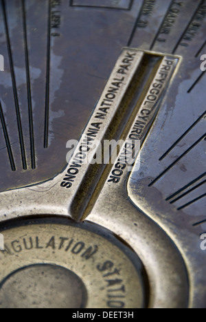 The trig point at the summit of Mount Snowdon in Wales Stock Photo