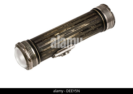 vintage flashlight with light on and brass body, clipping path Stock Photo