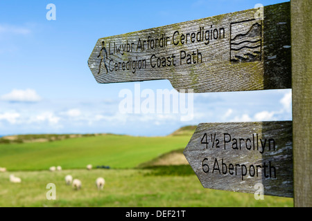 Sign for the Ceredigion Coast Path at Mwnt, near Cardigan, Ceredigion, Wales, UK Stock Photo