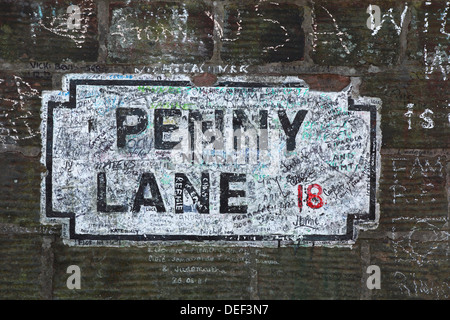 Painted 'Penny Lane' road sign in Liverpool.  Made famous by 'The Beetles'. Stock Photo