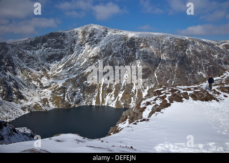 Llyn Cau and summit of Cader Idris in winter sun, Snowdonia National Park, Gwynedd, Wales, United Kingdom, Europe Stock Photo