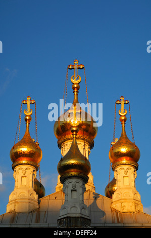 Gilded onion towers of the Russian Orthodox Church in Geneva in the evening light, Geneva, Canton of Geneva, Switzerland Stock Photo