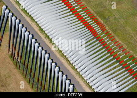 Storage area of wind blades for wind turbines, aerial view, near Stade, Lower Saxony, Germany Stock Photo