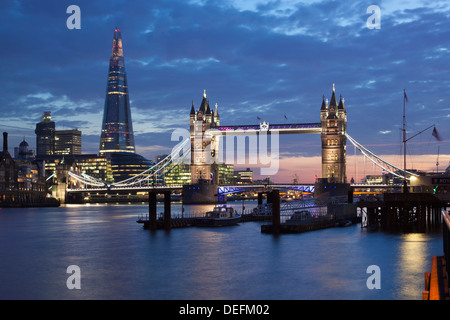 The Shard and Tower Bridge on the River Thames at night, London, England, United Kingdom, Europe Stock Photo