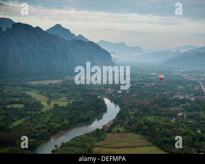 View from hot air balloon ride, Vang Vieng, Laos, Indochina, Southeast Asia, Asia Stock Photo