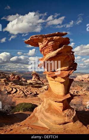 Layered sandstone column under clouds, Coyote Buttes Wilderness, Vermillion Cliffs National Monument, Arizona, USA Stock Photo