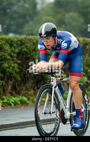 Chris Opie of Team UK Youth riding in Stage 3 of the 2013 Tour of Britain, a 16km individual time trial at Knowsley, Merseyside Stock Photo