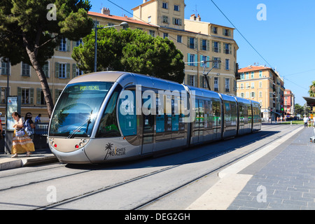 Modern tram, Nice, Alpes Maritimes, Provence, Cote d'Azur, French Riviera, France, Europe Stock Photo