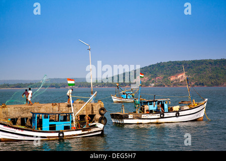 Boats in the sea, Chapora Harbour, Chapora, Bardez, North Goa, Goa, India Stock Photo