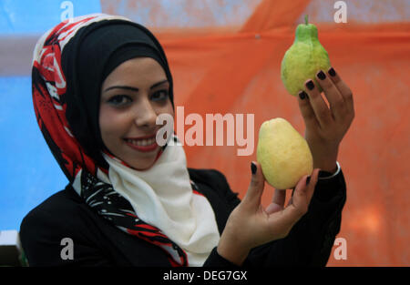 Sept. 18, 2013 - Qalqilya, West Bank, Palestinian Territory - A Palestinian girl displays guava fruits, during the guava festival in the West Bank city of Qalqilya, Sept. 18, 2013  (Credit Image: © Nedal Eshtayah/APA Images/ZUMAPRESS.com) Stock Photo